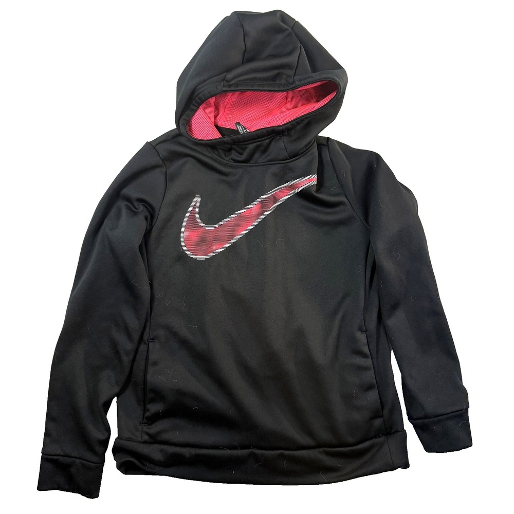 Nike Hoodie Girls L Black Dri-FIT Pullover Neon Pink Mesh Swoosh Sportswear